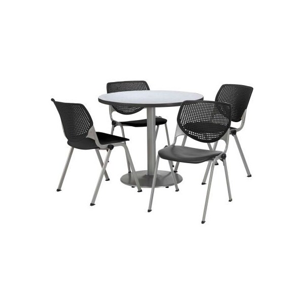 42" Round Dining Table & Chair Set, Gray Table With Black Plastic Chairs